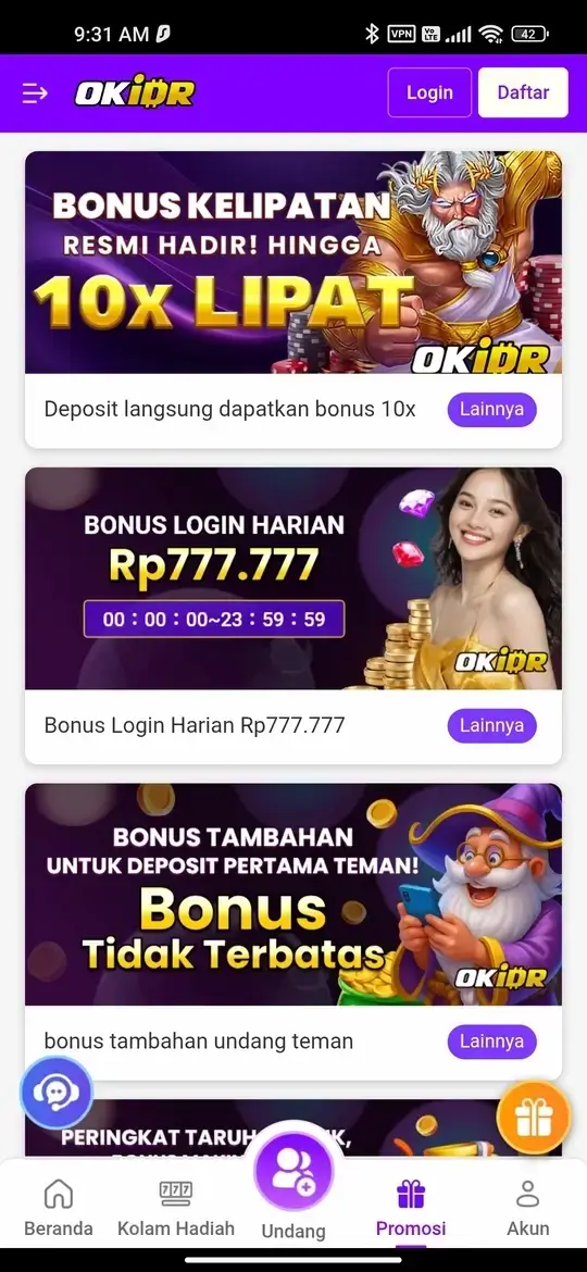 OKIDR halaman promosi dan bonus