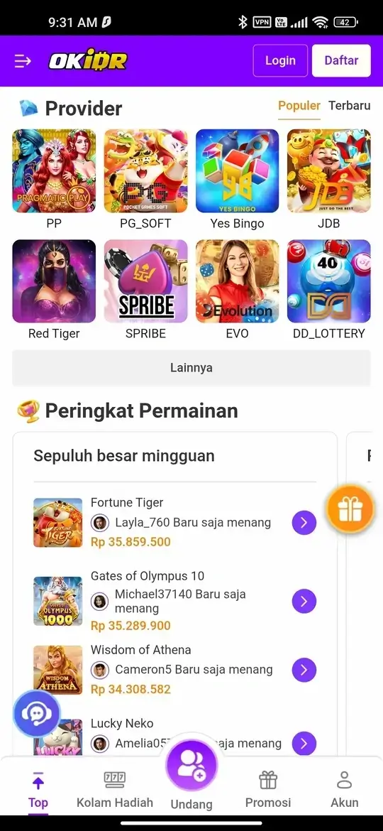 OKIDR provider permainan dan leaderboard